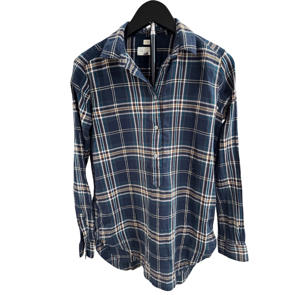 Loft The Softened Shirt Navy Teal Plaid Gold Metallic Henley Top XS